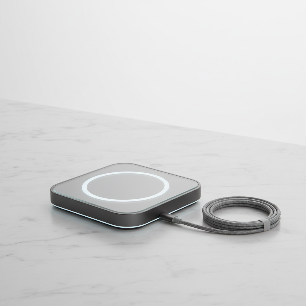 Sleek wireless charging pad on a white surface