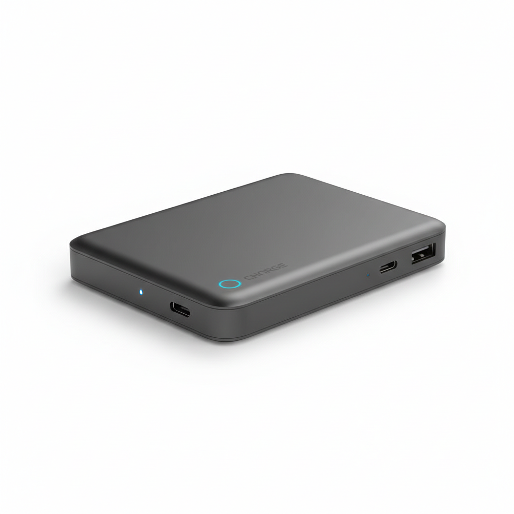 Slim portable power bank on white background