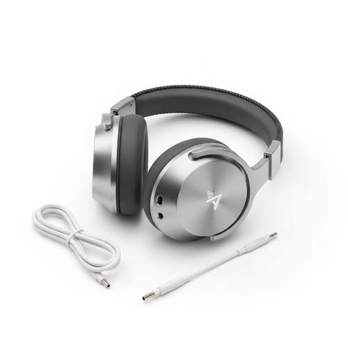 Noise cancelling over-ear headphones on white background