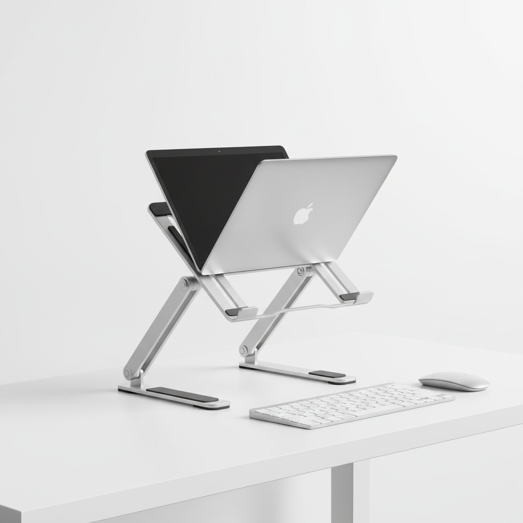 Adjustable aluminum laptop stand on a clean desk