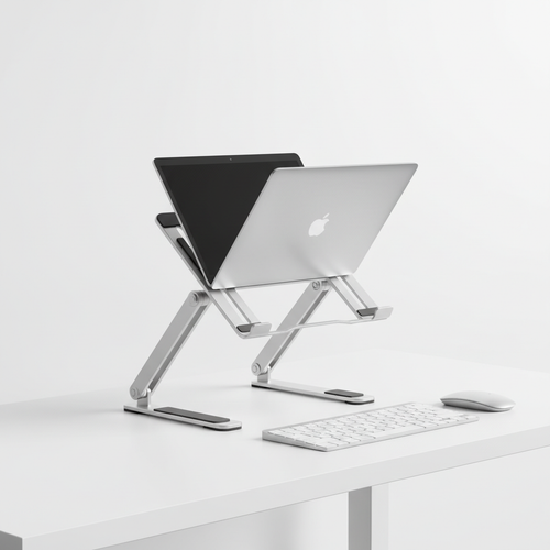 Adjustable aluminum laptop stand on a clean desk