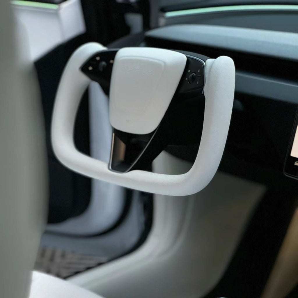 TESERY Model 3 Highland & Model Y Juniper Yoke Plaid Steering Wheel 【White Leather】